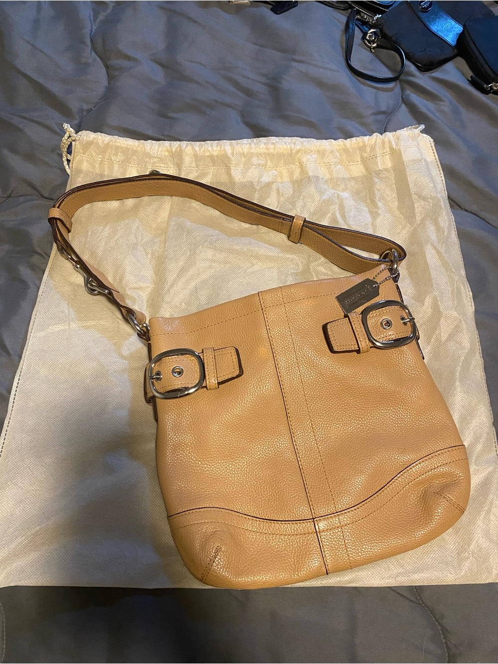 Coach Tan Pebbled Leather Shoulder Bag with Buckle Details